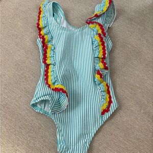 Aqua Striped Kids One Piece Swimsuit with Ruffle Details size 6x girls rickrack